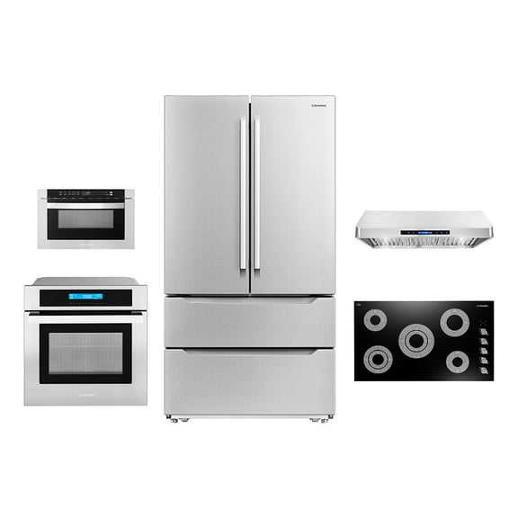 Cosmo 5 Piece Kitchen Appliance Package With 36" Electric Cooktop 36" Under Cabinet Range Hood 30" Single Electric Wall Oven 24.4" Built-In Microwave & French Door Refrigerator