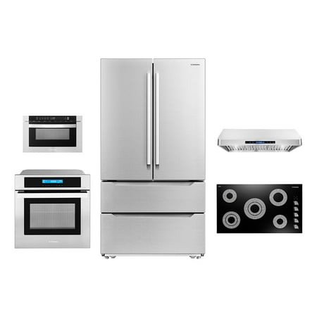 Cosmo 5 Piece Kitchen Appliance Package With 36  Electric Cooktop 36  Under Cabinet Range Hood 30  Single Electric Wall Oven 24.4  Built-In Microwave & French Door Refrigerator