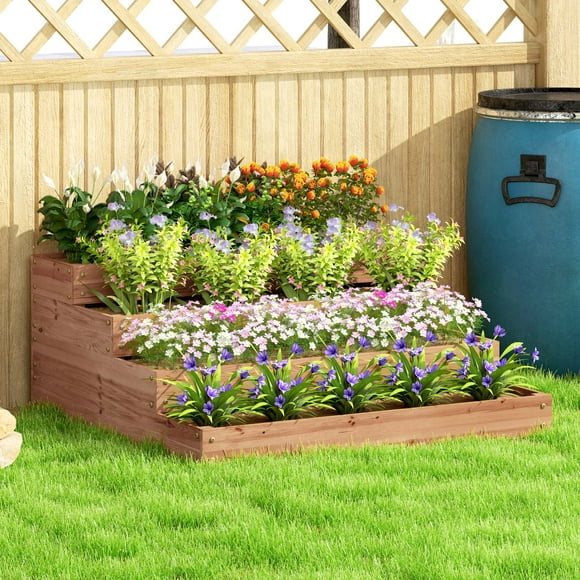 Outsunny 4-Tier Raised Bed, Wooden Planter Box with Liner, Dark Brown