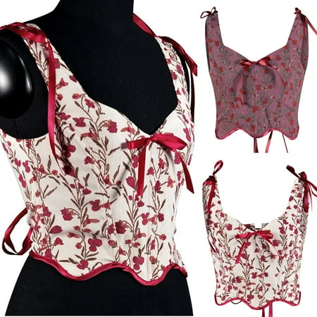 

Women Casual Sexy Eyelet Lace-up Floral Print Fishbone Court Vintage Corset Straps Tank TopHalloween gift on Clearance