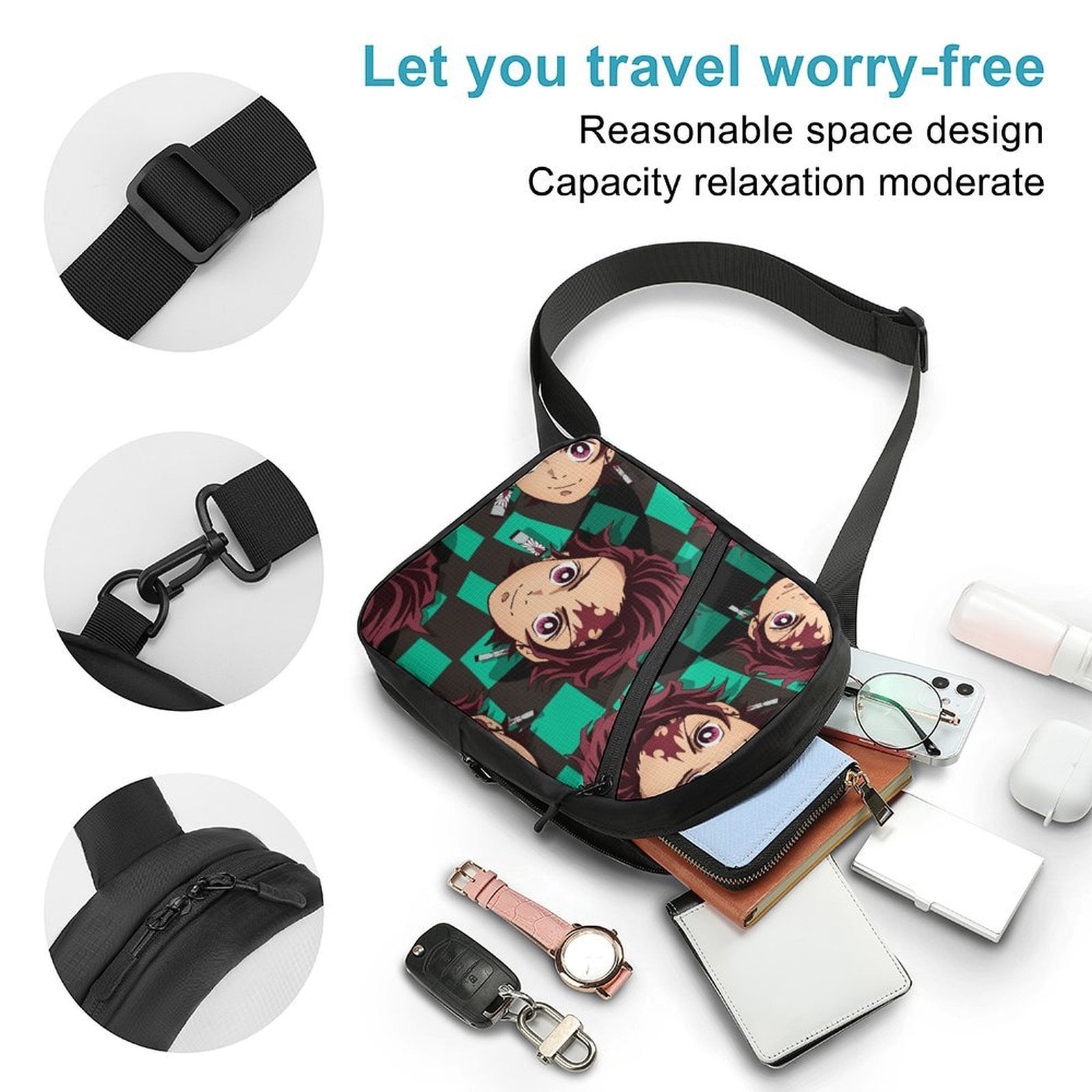 Demon Slayer Sling Bag Foldable Crossbody Bag Unisex Versatile Shoulder Bag Chest Pack Zipper for Gym Travel