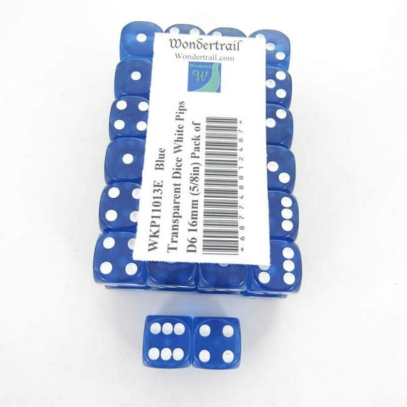 Blue Transparent Dice with White Pips Rounded Corners D6 16mm (5/8in) Pack of 50 Wondertrail