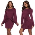 thumbnail image 4 of L Minivestido ajustado de manga larga con cuello redondo y farol para mujer, ropa de fiesta y discoteca de Color sólido con nudo en la cintura, otoño e invierno, 4 of 5