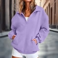 thumbnail image 3 of Quarter Button Sweatshirt Women Collared Fleece Long Sleeve Sweatshirt No Hood Winter Solid Color Loose Casual Pullover Tops with Side Pockets Purples M, 3 of 8