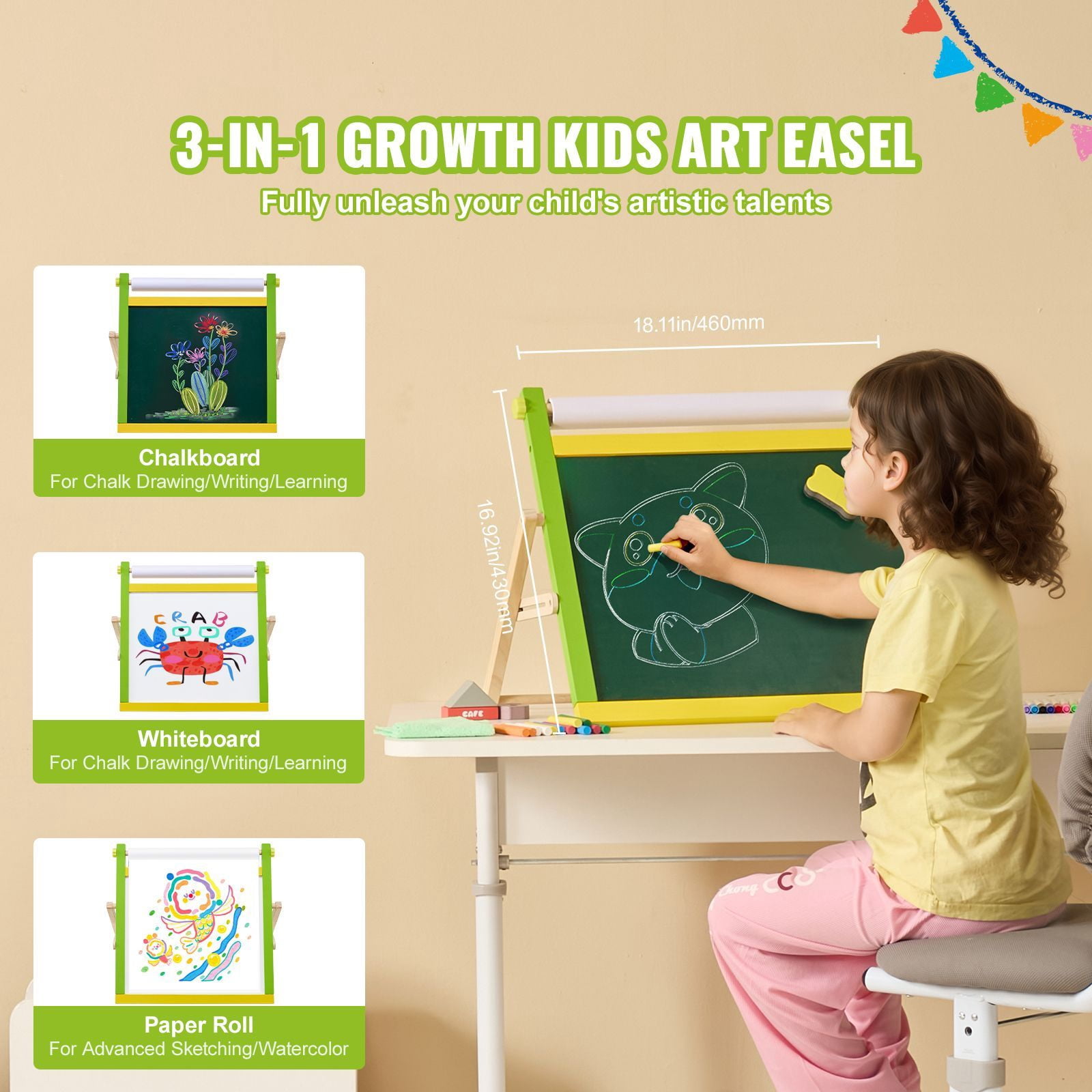 Tabletop Art Easel for Kids, 3 in 1 Wooden Double-Sided Kid's Art Easel with Magnetic Whiteboard, Chalkboard, Paper Roll, Foldable Portable Drawing Board with Painting Accessories for Boys Girls