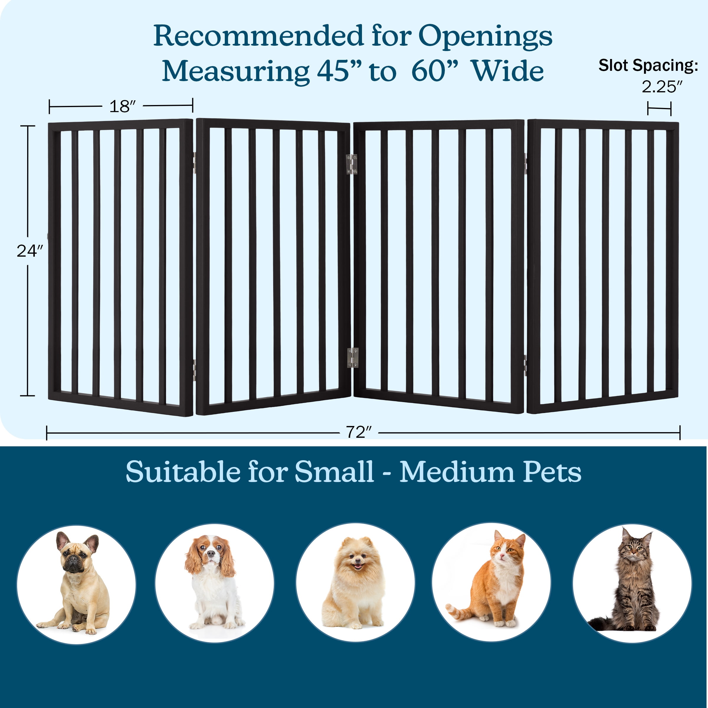 4-Panel Indoor Pet Gate for Dogs and Small Pets, Foldable Freestanding Dog Fence for Stairs, Hallways, Doorways, 72 x 24 Inch Wooden Pet Barrier, Black Finish with Easy Storage Panels by PETMAKER
