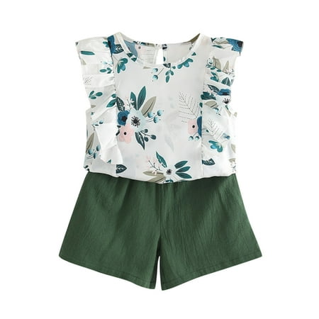 

GWAABD Baby Girl Clothes Set Green Cotton Blend Toddler Kids Baby Girls Summer Clothes Casual Floral Print Ruffle Sleeveless T Shirt and Shorts 2PCS Outfits Set 2-7 Years 120