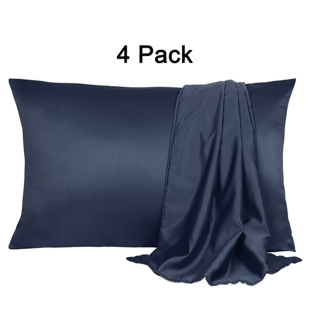 4 Pack Luxury Satin Pillowcase Cooling Silk Pillow Slip Cases Covers Navy Standard(20x26inch