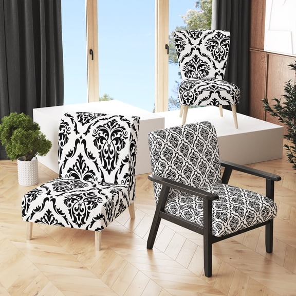 Designart "Black and White Damask" Upholstered Patterned Accent Chair and Arm Chair