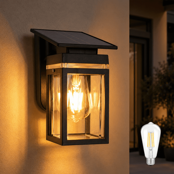 Kidsjoy Solar Wall Light Outdoor, Warm Solar Wall Lantern with E26 Bulb, Dusk to Dawn Solar Wall Sconce, IP54 Waterproof, 2 Brightness Modes for Porch Fence Patio Garden