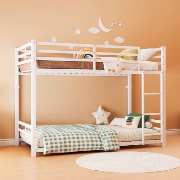 Bunk Bed with Ladder and high Guardrail Metal Bunk Bed, Storage Space, Noise Free,Twin Over Twin Size,WHITE