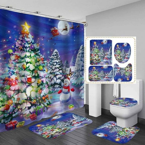 4PCS Christmas Shower Curtain Set, Christmas Tree Gifts Happy Snowman Reindeer Santa Claus Winter Holiday Bathroom Decor Waterproof Polyester Fabric Shower Curtain Non-slip Bath Mat Toilet Rug