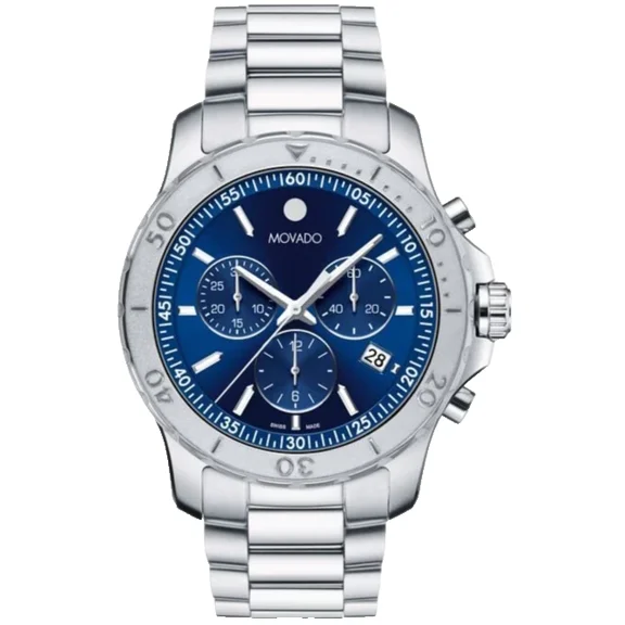 Movado Active Sport Chronograph 2600172 Blue Dial Silver Bracelet 42MM Mens Watch
