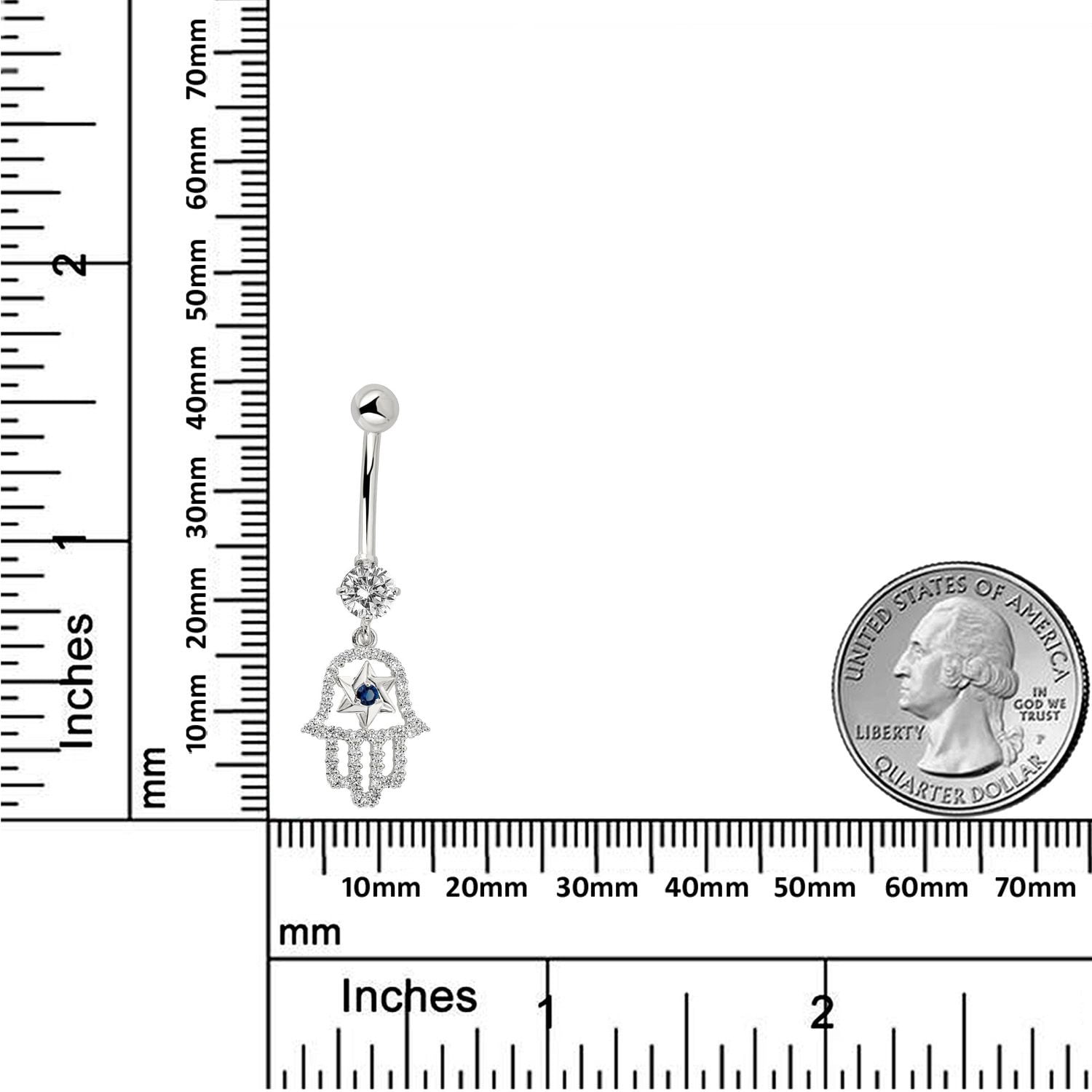 AVORA 10K White Gold Simulated Diamond CZ Dangling Hamsa Belly Button Ring Body Jewelry (14 Gauge)