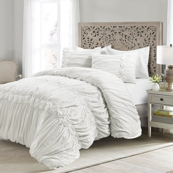 Lush Decor Darla Textured Ruching Comforter, Full/Queen, White, 3-Pc Set