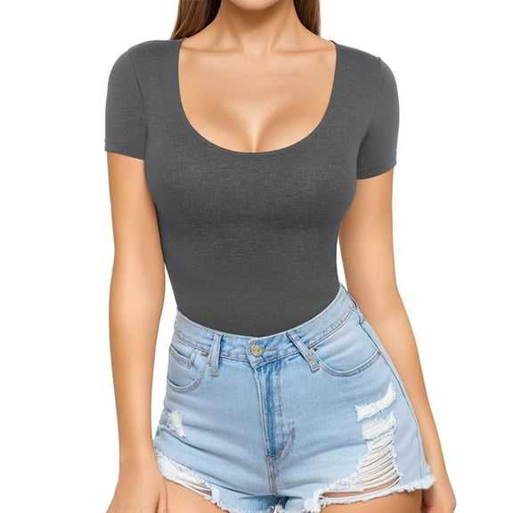 Xaqiouau Women's Square Neck Solid Fitted Short Sleeve Bodysuit Stretchy Slim Fit Basic Casual Summer Tops for Women