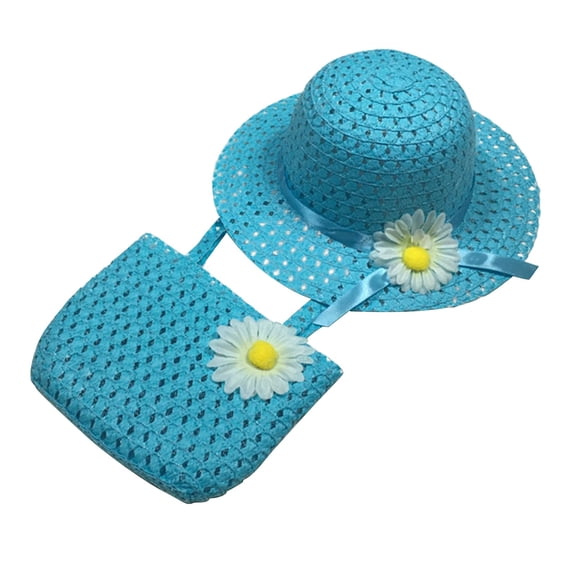 Girls Straw Sun Hat and Handbag Set, Daisy Flower Decor Wide Brim Summer Beach Hat with Matching Bag for Toddler Kids Outdoor Travel Daily Wear Red