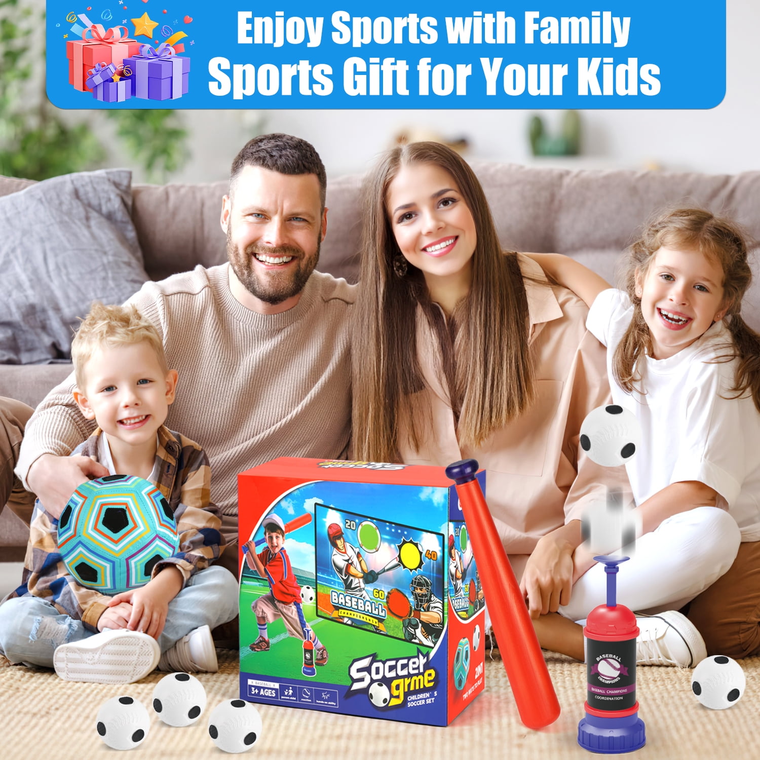 Huge Wave T-Ball Set Toys for Boys Aged 5-7, 2 in 1 Soft Soccer Ball Game Mat Set, Indoor/Outdoor Baseball Sport for Boys, Christmas Birthday Gift for Kids 4-8 Years Old