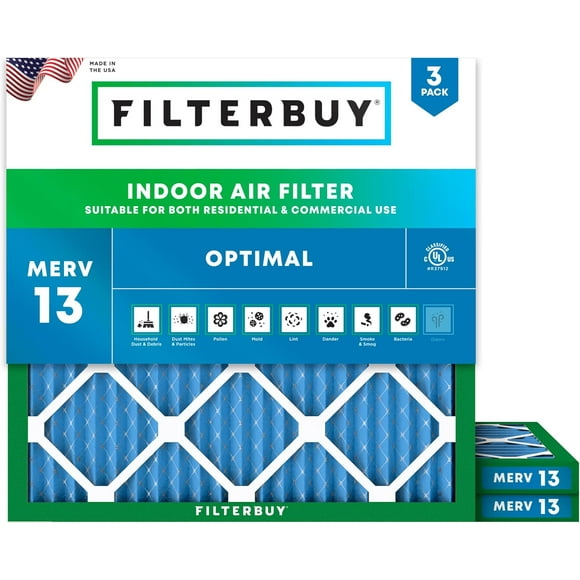Filterbuy 20x20x1 MERV 13 (MPR 1900) Health Defense, Pleated HVAC AC Furnace Air Filters (3-Pack)
