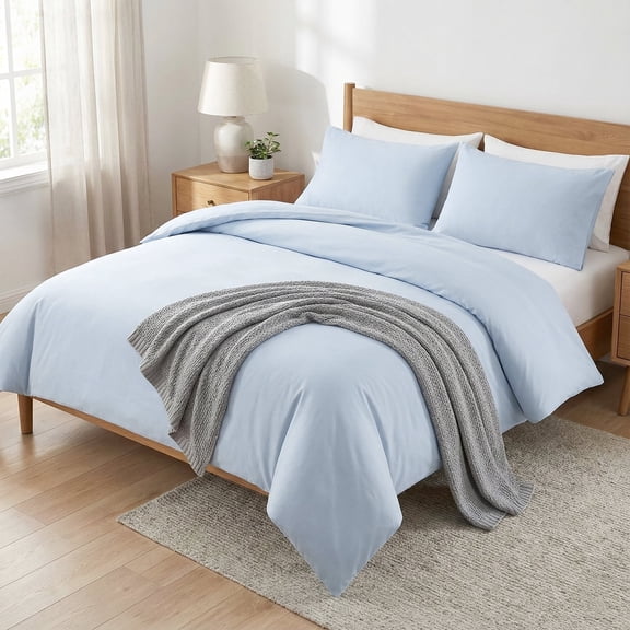 Premium 100% Cotton Duvet Cover Set, Soft Breathable Bedding with Zipper Closure (3 Pieces), Pale Blue, King