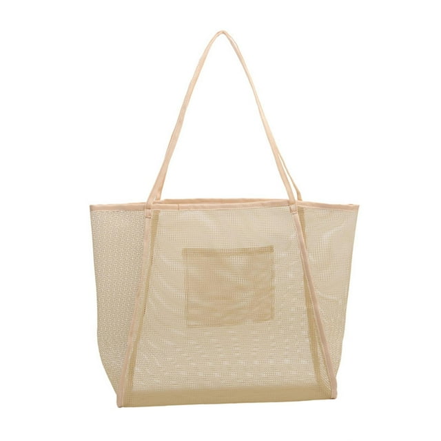 Bolsa de playa de malla grande y plegable para compras de comestibles, vacaciones y camping. Caqui