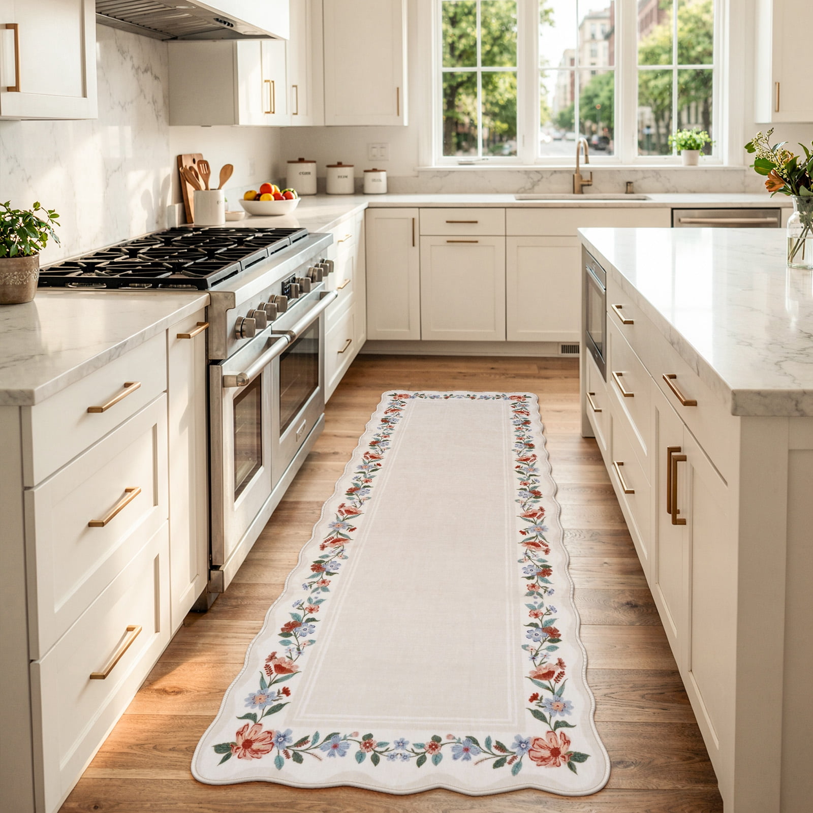 Lahome 2'x6' Scalloped Boho Floral Hallway Runner Rug 2x6ft Non-Slip, Washable Low-Pile, Soft Microfiber Carpet for Entryway Kitchen Laundry Bedroom, Beige