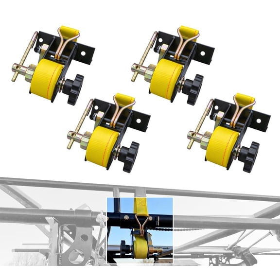 2 Pack 1-1/2"x7' Yellow Ladder Rack Ratchet Straps with J-Hook (Pair) - 500 lbs Square Tube Mount - Retractable Ratchet Tie Down Strap for Roof Rack