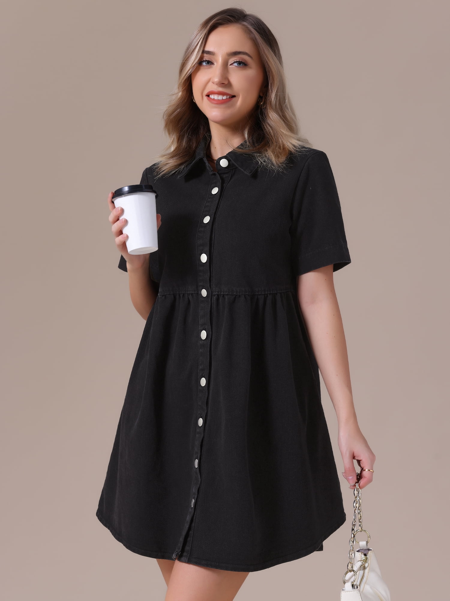 DARING DIVA Women's Denim Babydoll Collared Short Sleeve Button Down Dress S Black