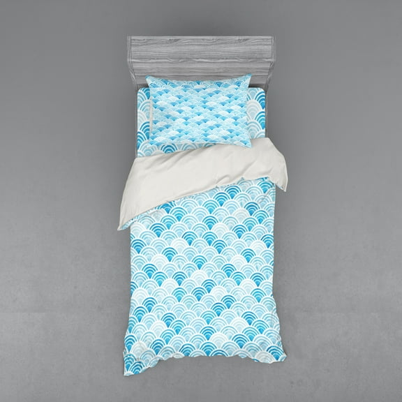 Ambesonne Watercolor Bedding Set 3 Pcs, Ocean Curve Pattern, Twin, Pale Blue Blue