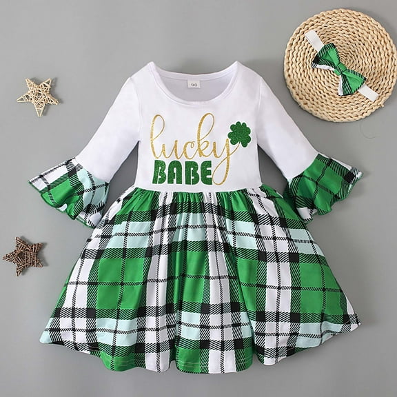 XMMSWDLA Toddler Girl Clothes Girls Children's Spring Autumn St. Patrick's Day Flared Long Sleeve Plaid Dress Hairband 2 Piece Set