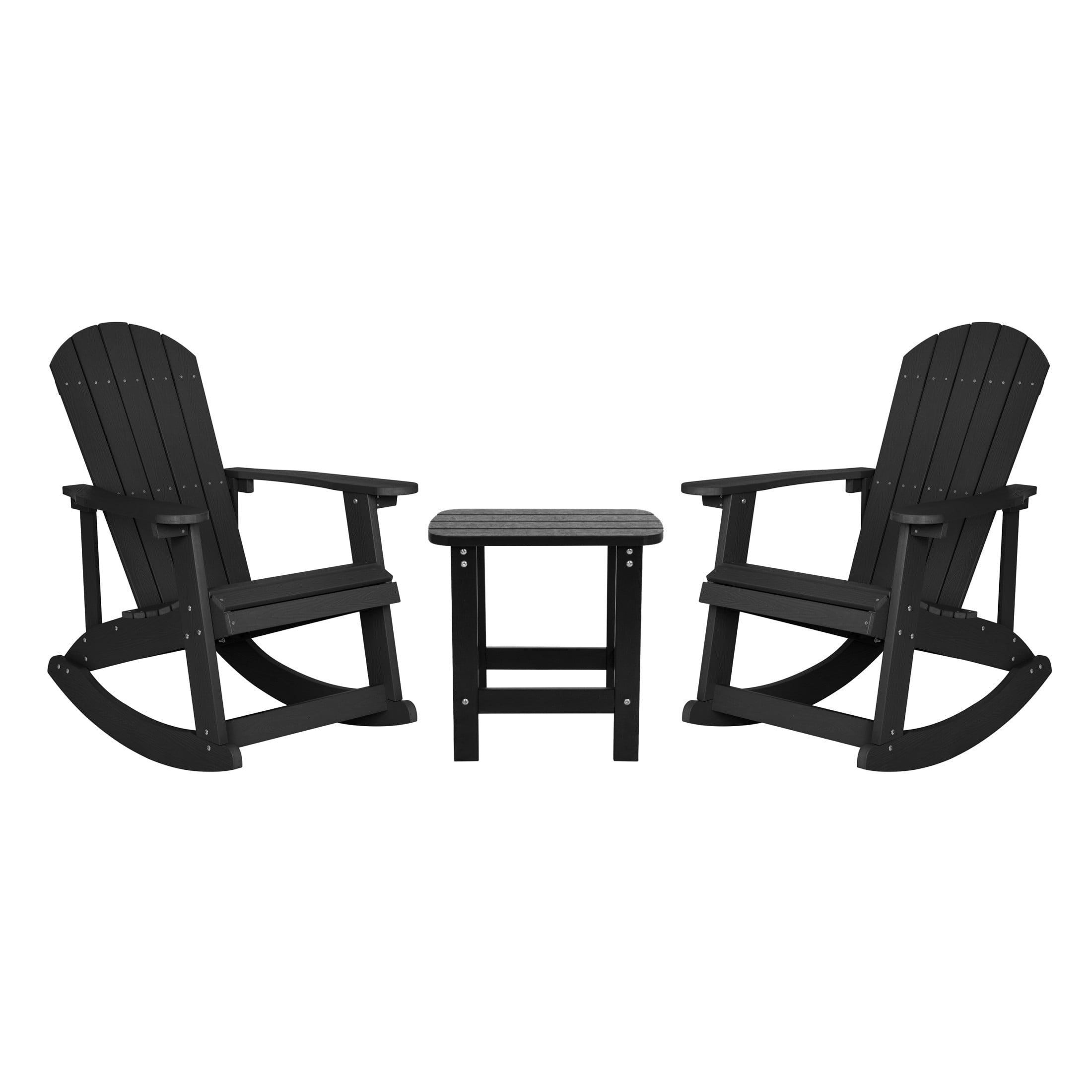 Emma + Oliver Set of 2 Classic All-Weather Poly Resin Rocking Adirondack Chairs in Black with Matching Side Table for Year Round Use