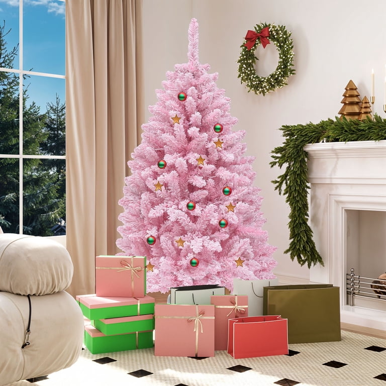 Uforic 4.5ft Pre-Lit Pink Artificial Christmas Tree, Flocked