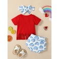thumbnail image 3 of Bagilaanoe 4th of July Clothes for Newborn Baby Girls Short Sleeve Letter Print Tasseled T-shirts Tops + Rainbow Shorts + Hairband 3M 6M 12M 18M 24M Iendence Day Outfits 3pcs Short Pants Set, 3 of 9