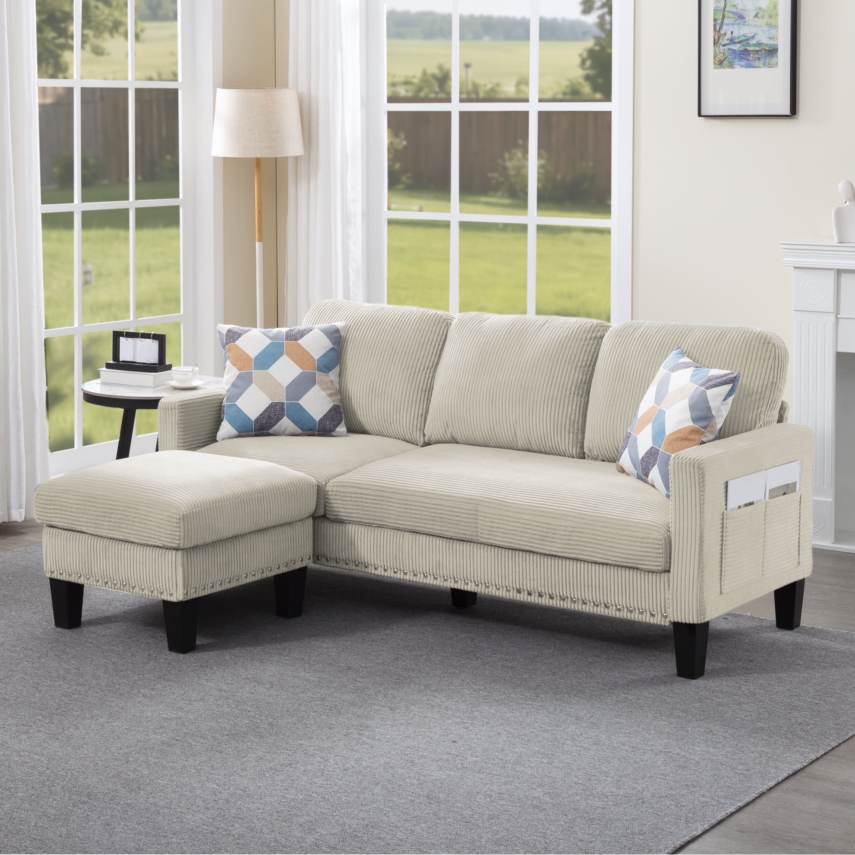 Gewnee 72.64"L-Shaped Sectional Sofa with Movable Ottoman,3-Seater Modern Reversible Chaise,Storage Pocket&Pillows,for Living Room,Office.Beige