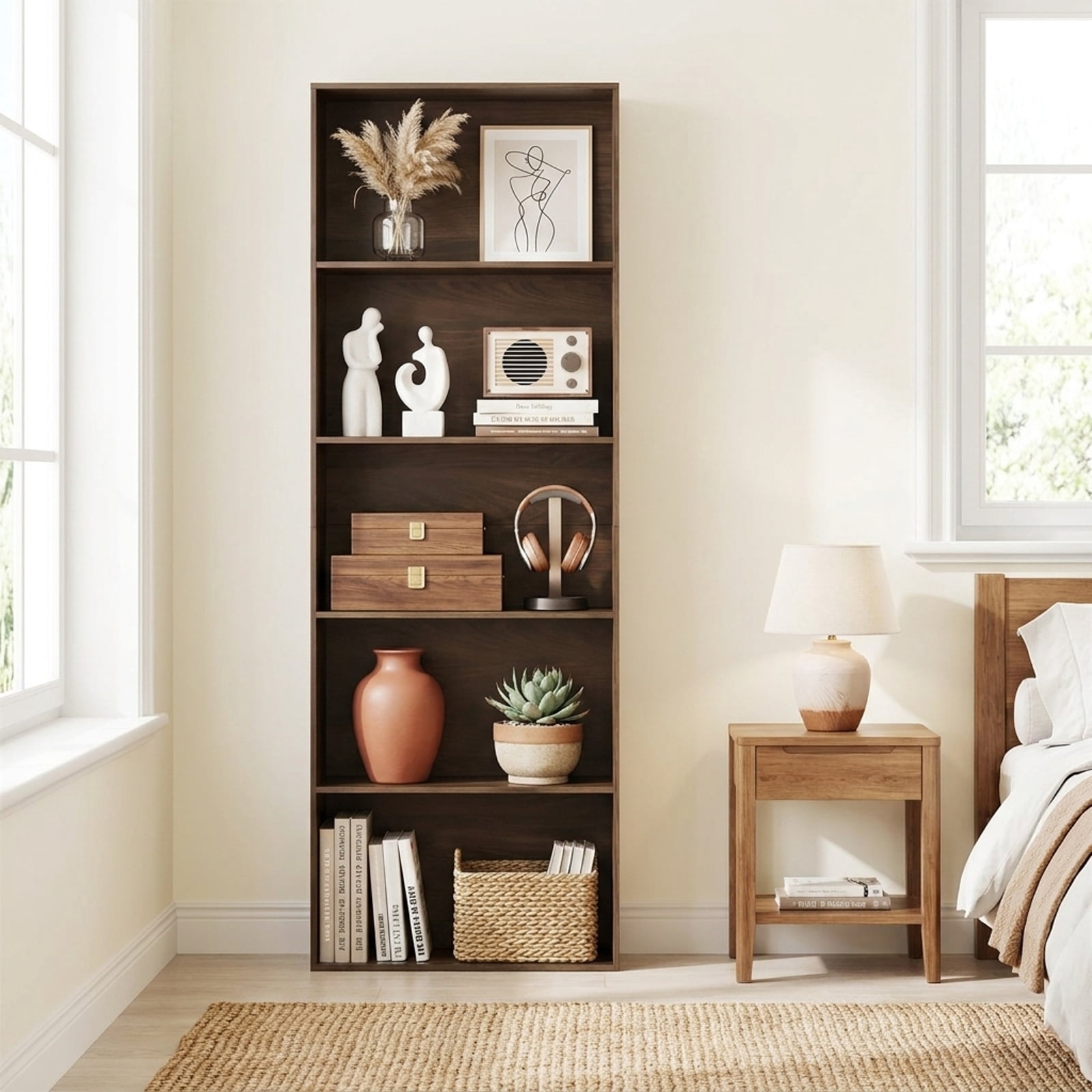 Furnibear 5-Tier Bookshelf Open Bookcase Freestanding Display Shelf Storage Organizer-Dark Walnut for Living Room Home Office Bedroom, Dark Brown