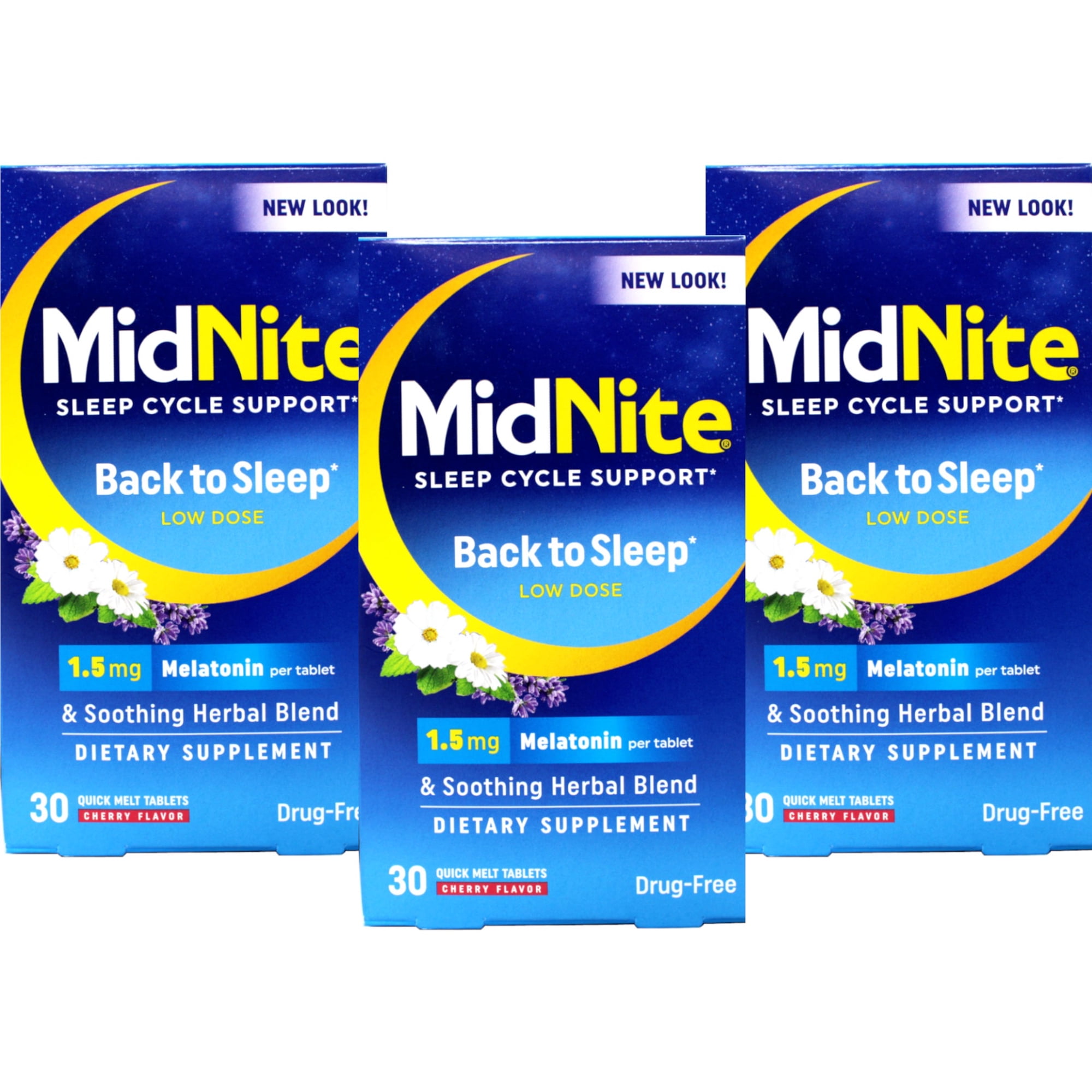 MidNite Sleep Cycle Support – Back to Sleep Low Dose, 1.5 mg Melatonin with Soothing Herbal Blend, Cherry Flavor, 30 Quick Melt Tablets, Drug-Free (Pack of 3)