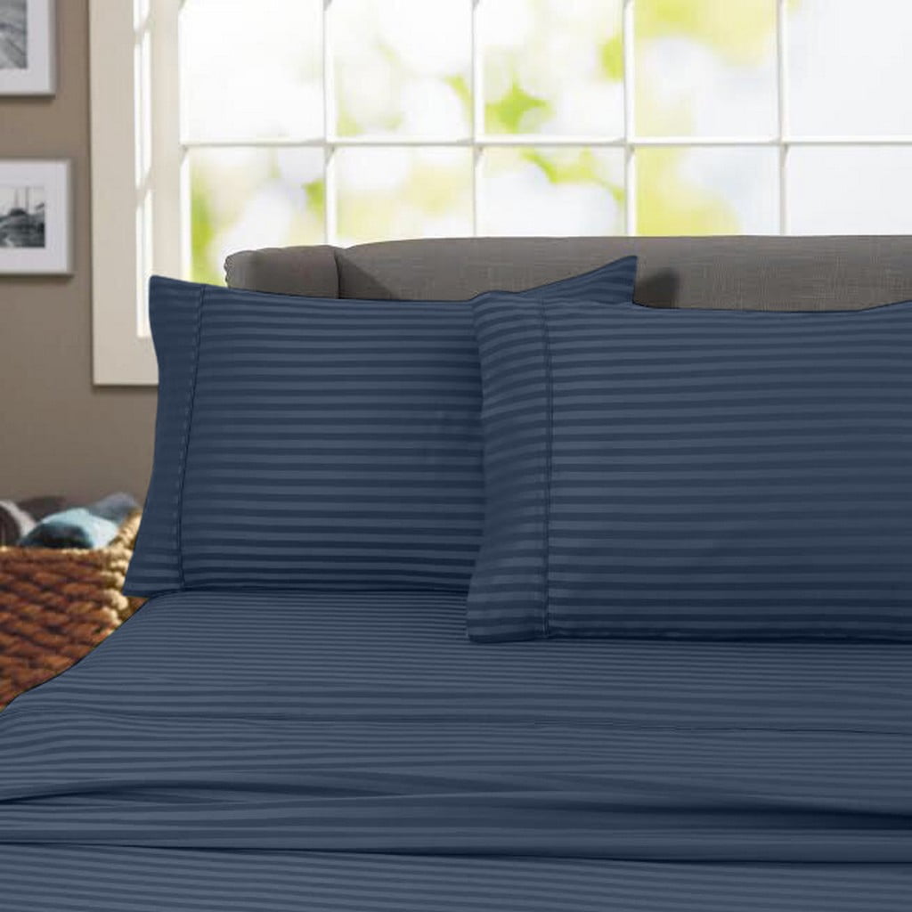 Navy Blue Stripe Hotel Living Queen Bed 250 Thread Count Plain Dyed Sheet Set 