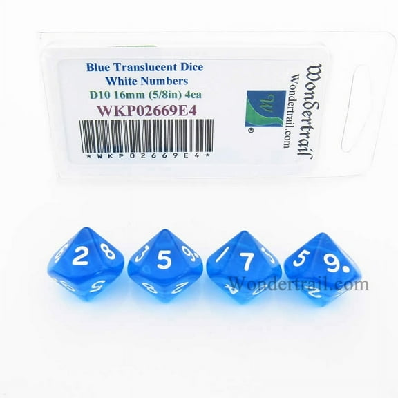 Blue Transparent Dice with White Numbers D10 16mm (5/8in) Pack of 4 Wondertrail