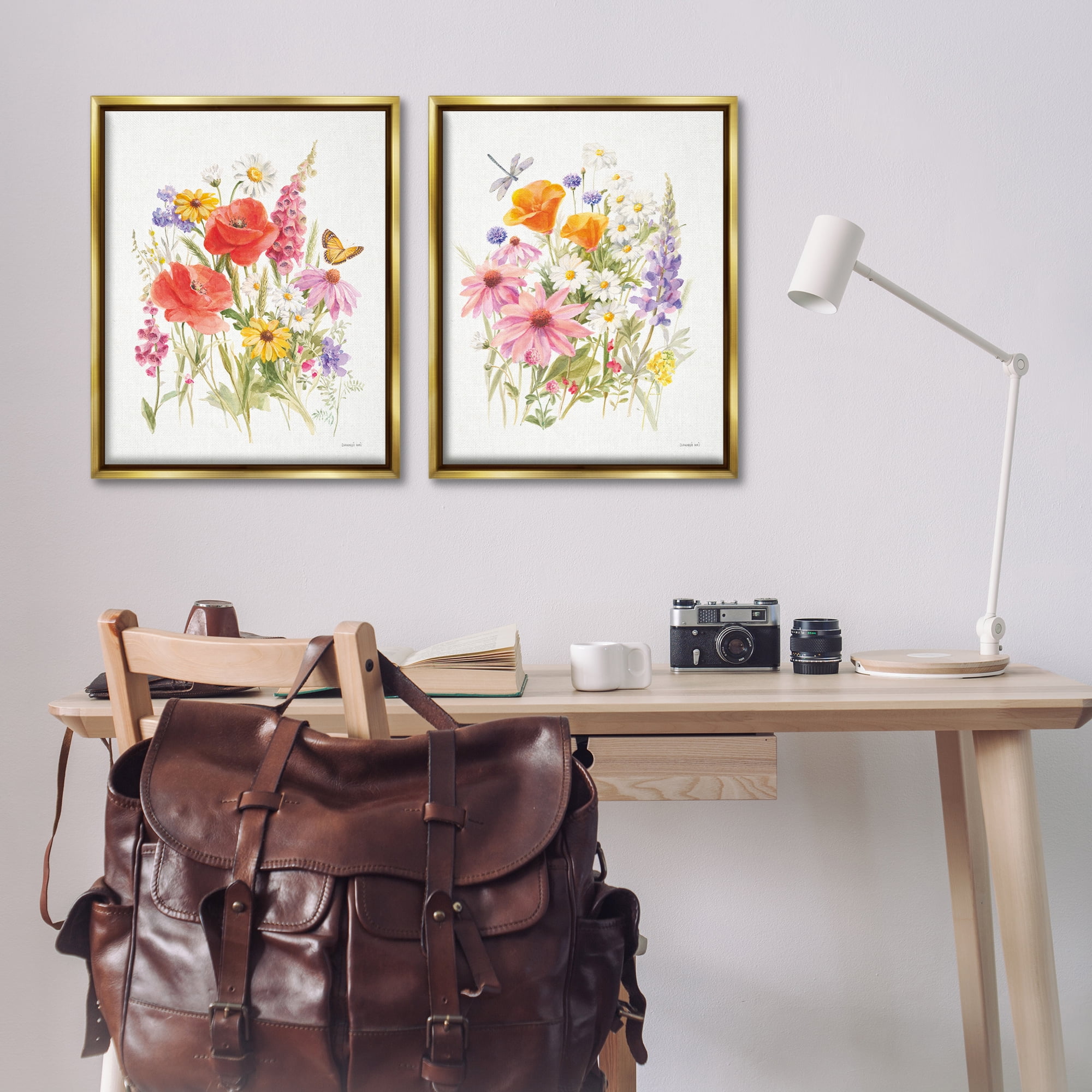 Stupell Industries Wildflowers in Bloom Insects Plants & Flowers Painting Gold Floater Framed Canvas Art Print Wall Art, 31 x 25, Set of 2