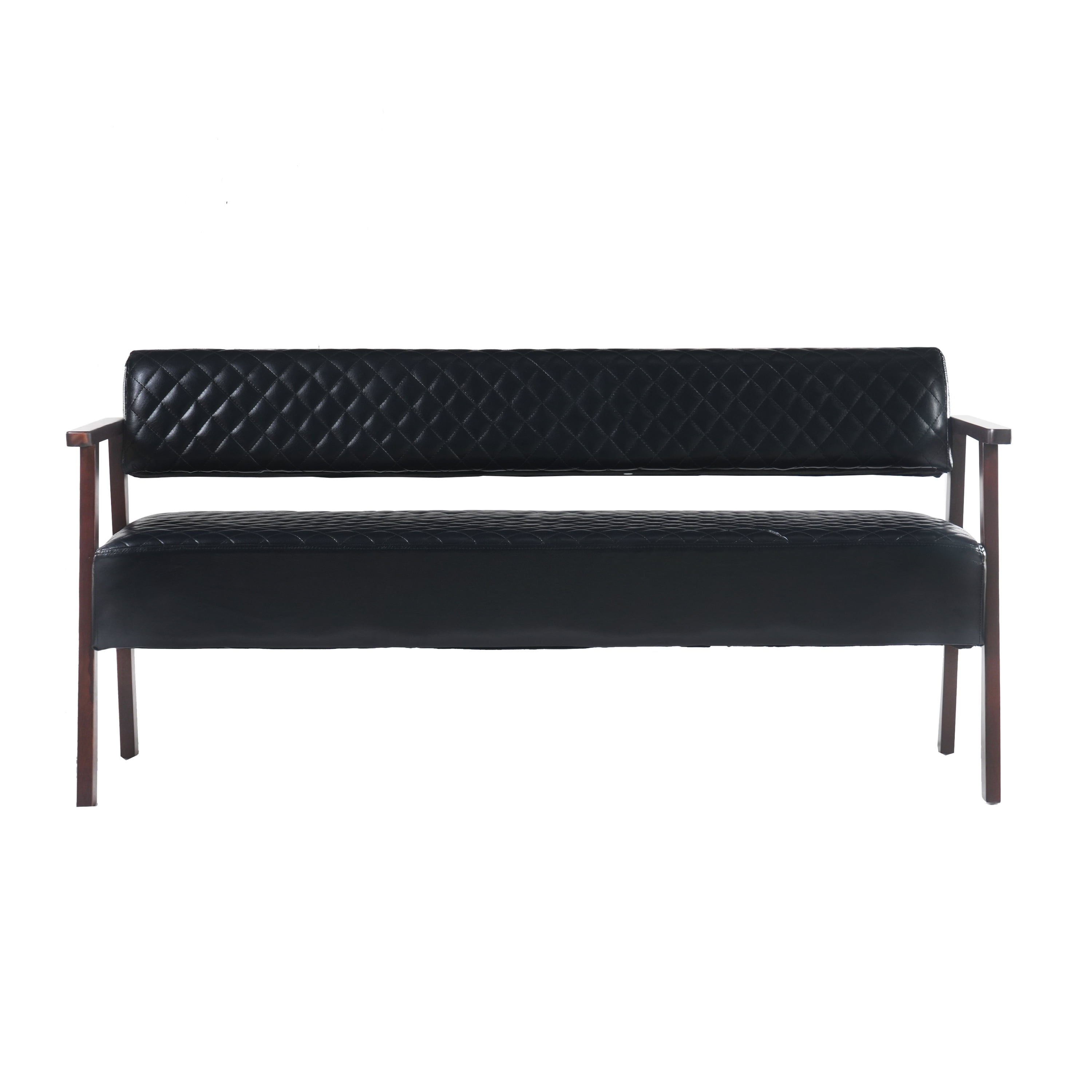 AISWORD 58.27" PU Faux Leather Upholstered Bench with Backrest,Diamond Quilted Entryway Bench with Wood Arms for Living Room,Office & Salon Waiting Room,Black