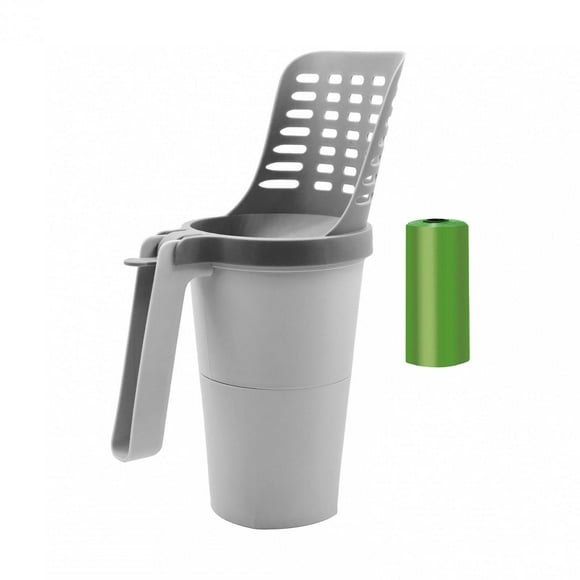 Cat Litter Poop Scooper con 8 bolsas de recarga Desechos de desechos puede tamicador de arena para gatos portátil con soporte para la limpieza de