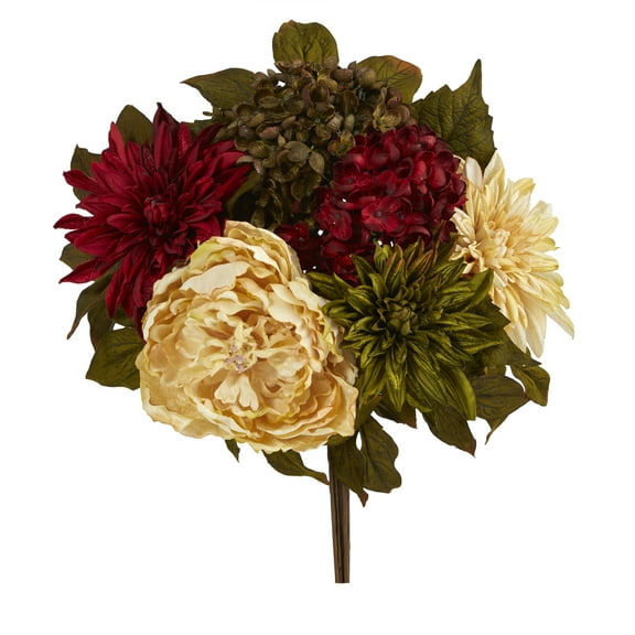Nearly Natural Peony, Hydrangea and Dahlia Artificial Flower Bouquet (Set of 2)-Size:7 inch