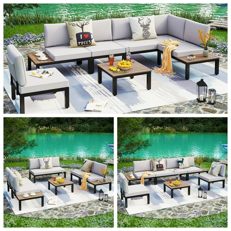 MF Studio 6-Piece Patio Sofa Set, Outdoor Sectional with Faux Wood