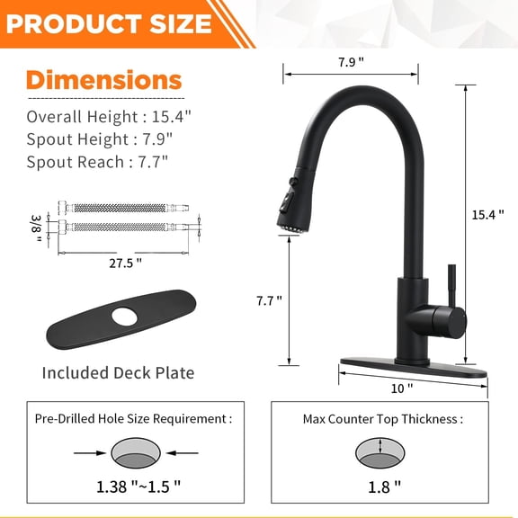 Stainless Steel Kitchen Faucet, Matte Black Pull-Down & Pull-Out Sprayer — Single-Hole Deck Mount — Durable Single-Handle Sink Tap