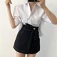 thumbnail image 4 of Women Half Sleeve Shirts Lapel V-Neck Button Down Back Pleated Blouse Solid Color Office Lady Irregular Loose Crop Top White, 4 of 4