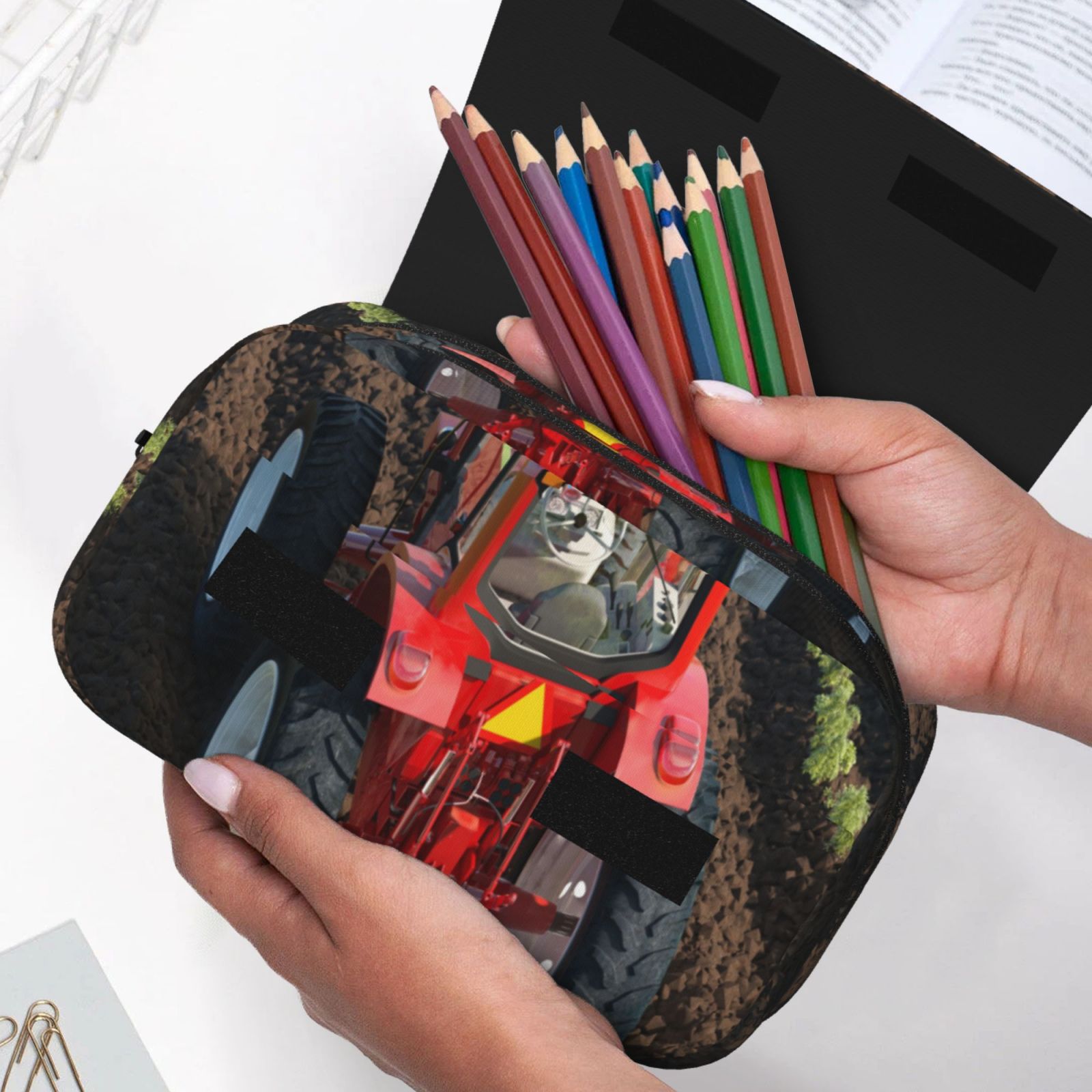 Rateoe farm work Pattern Double Clamshell Pen Case, Storage Organizer with Two Zipper Compartments– Holds Up to 50 Pencils & Pens