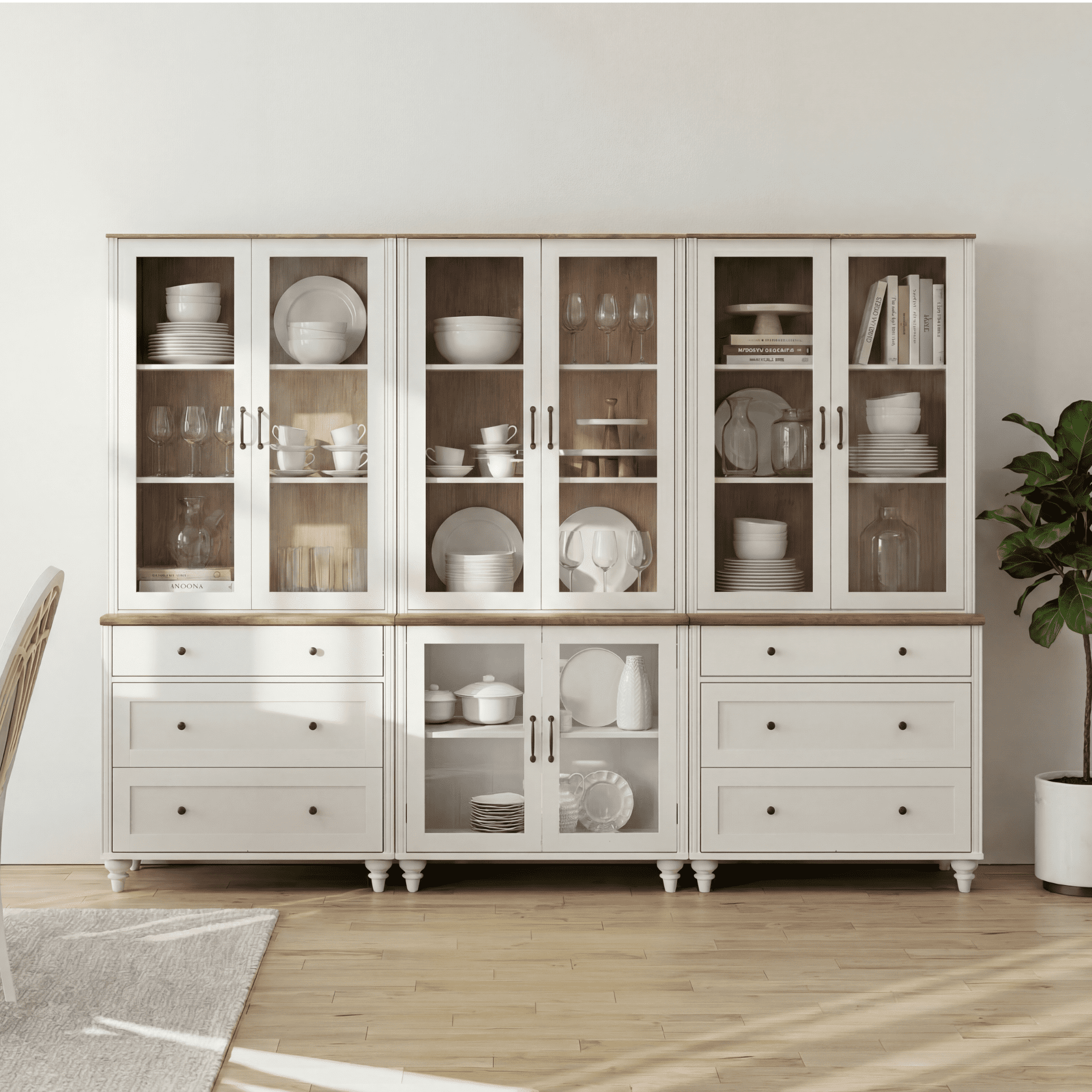 Sideboard Buffet Cabinet with Storage, 5-Tier Bookcase with Glass Doors and Adjustable Shelf, Wooden Bookshelves for Living Room, Office, Kitchen, White, 72" H