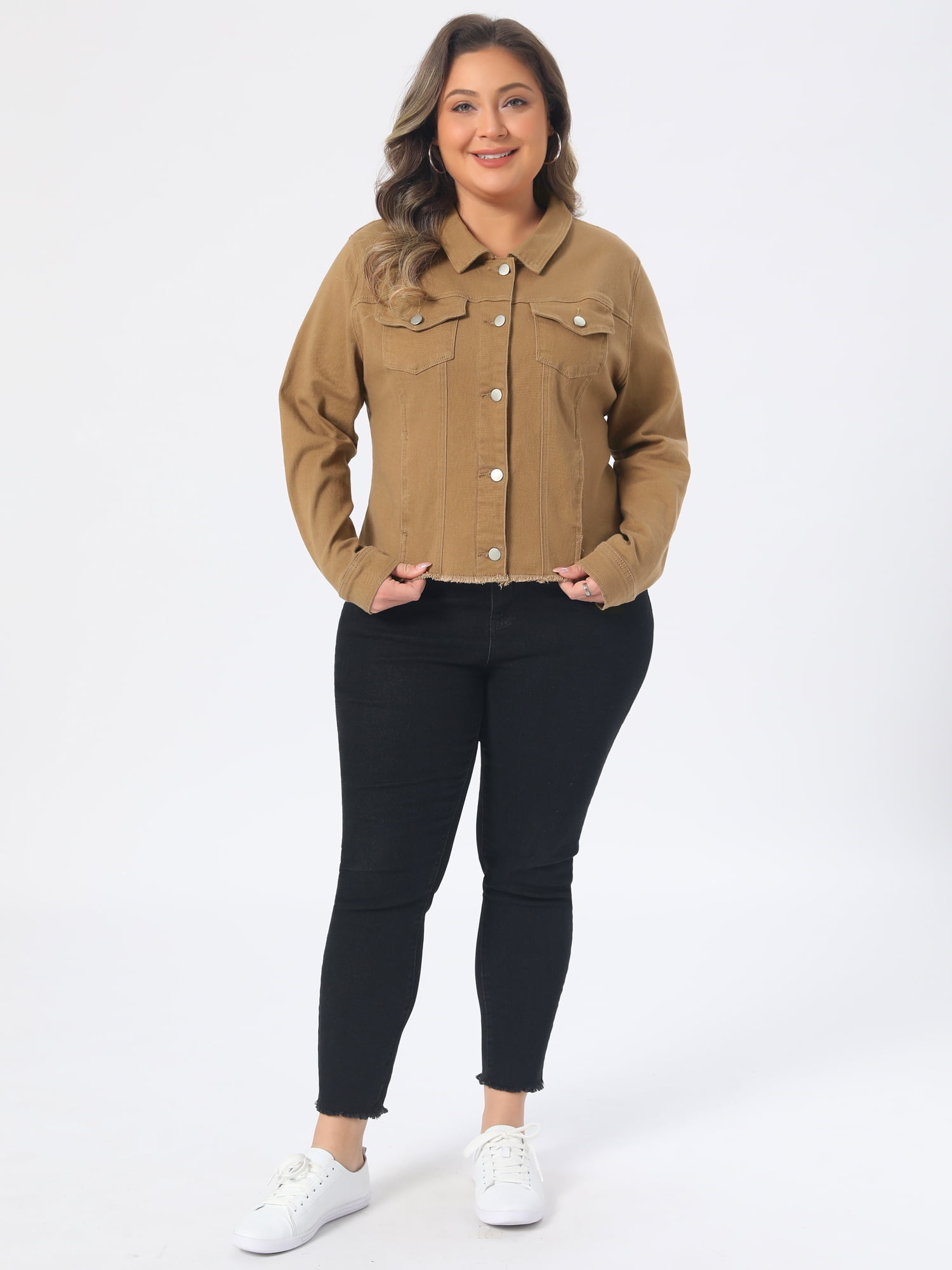DARING DIVA Women's Plus Size Washed Front Frayed Classic Denim Jacket 1X Light Brown