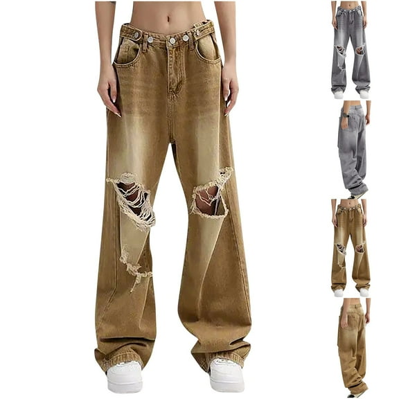 jtjvou Trendy Jeans for Women 2025 Baggy Ripped Boyfriends Jeans Y2k Low Waisted Distressed Street Wide Leg Denim Trousers Gray L
