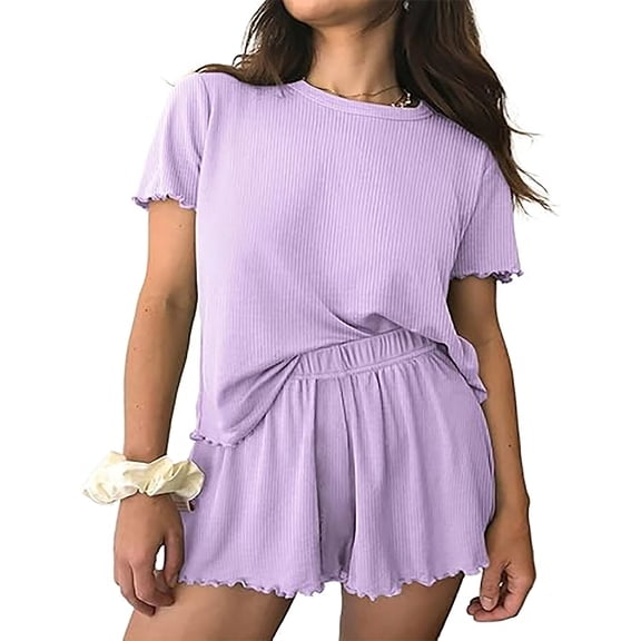 MOSHU Womens Pajamas Sets Ribbed Knits Tops and Elasticated Waist Shorts with Pocket Ruffle Edge Lounge Sets